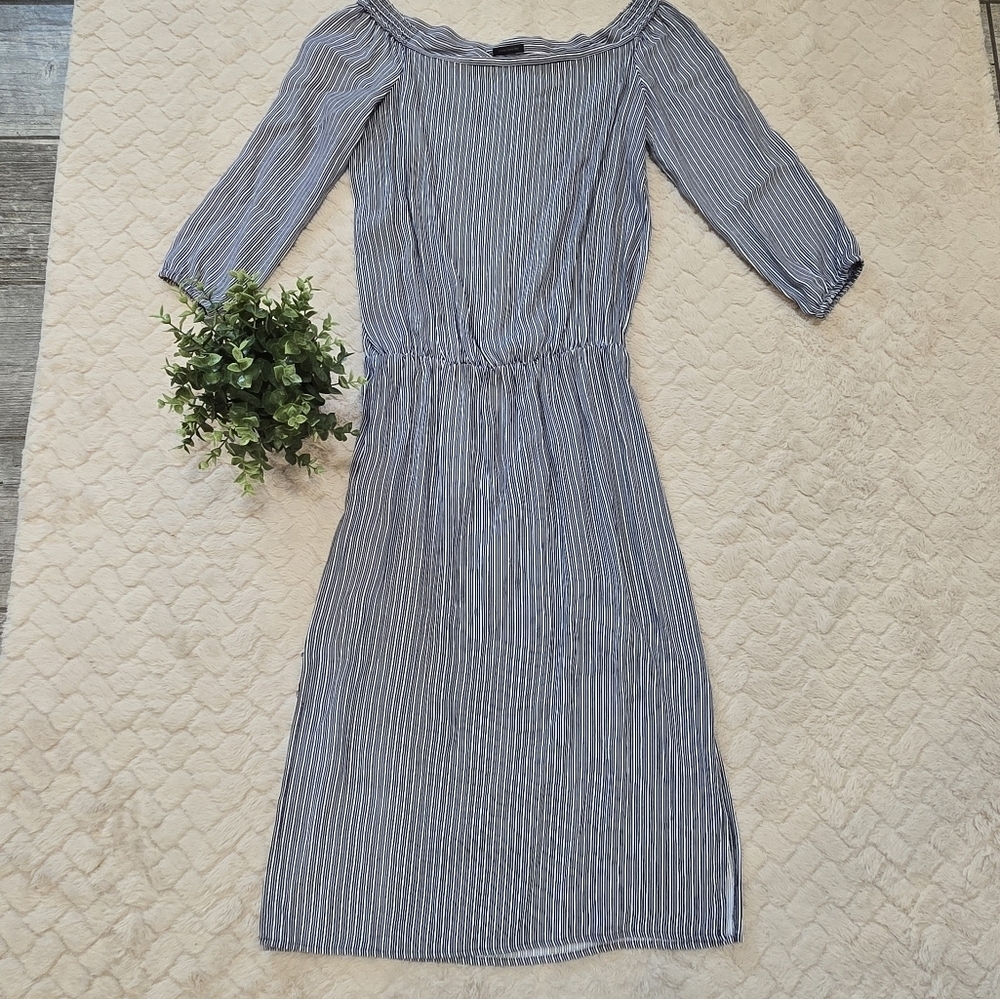 Ann Taylor Blue & White Striped Off-Shoulder Cinched Waist Midi-Dress, Size 2